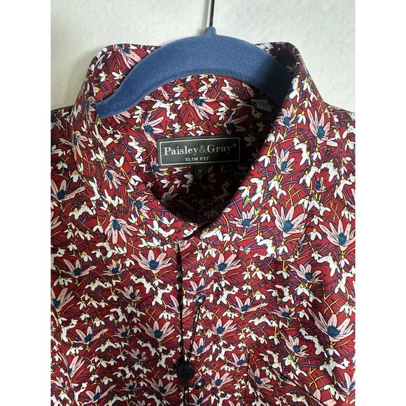 Paisley & Gray Men’s M Slim Fit Red Floral Button Down Shirt Long Sleeve Stretch - Picture 3 of 12